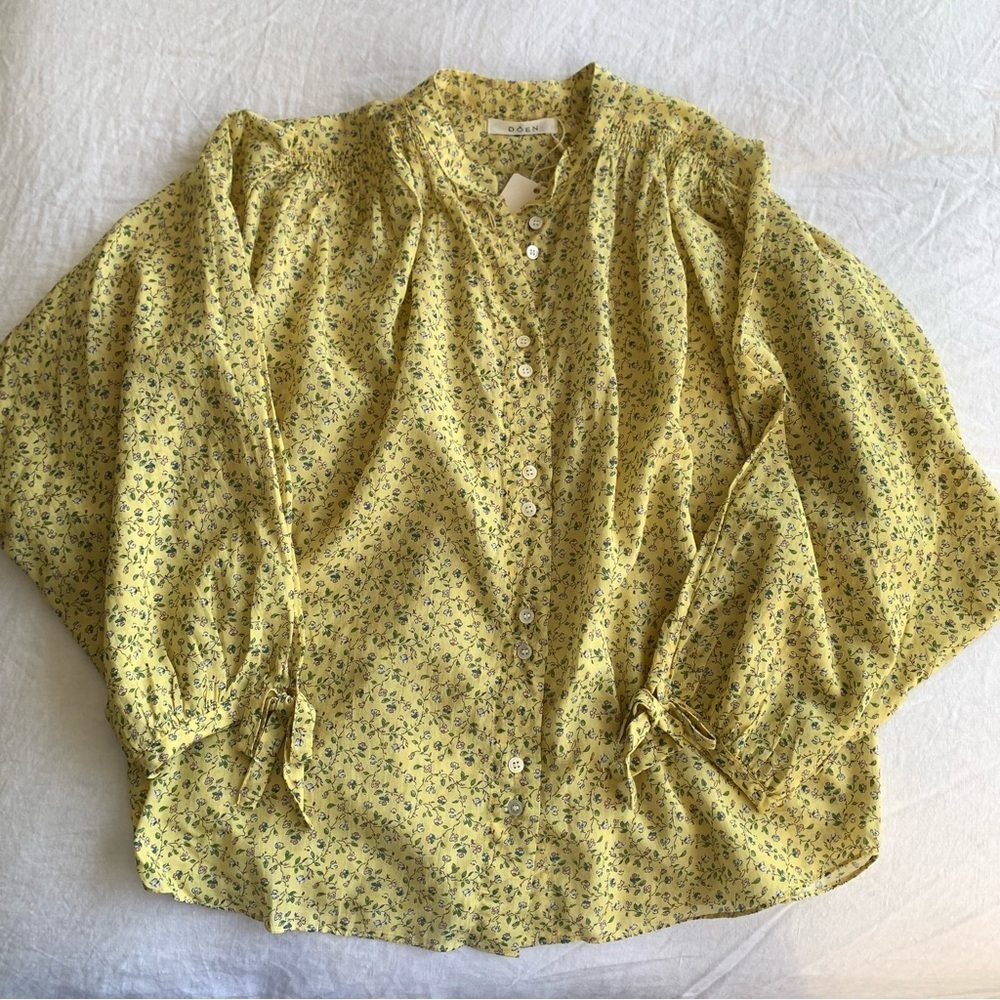NWT Doen O’Keeffe Cotton Button Up Blouse Top Butter Yellow Moonflower Floral